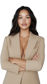 Confident young woman in beige blazer crossing arms on transparent background png
