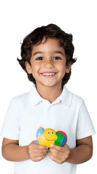 Smiling boy holding toy bee on transparent background png