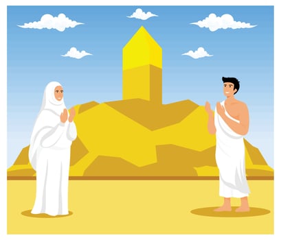 Hajj pilgrims pray on Mount Arafat. Hajj pilgrimage ritual, Muslim pilgrims praying and reading the Koran at Arafat. flat modern illustration vector