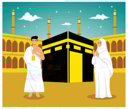 Muslim man and woman praying in front of Kaaba. flat modern illustration vector