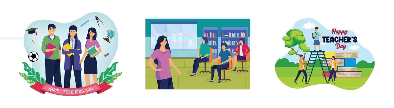 Happy Teacher's Day with the group of teachers. Portrait of smiling female teacher standing with hands on hips amidst students in class. happy teachers day. Set flat modern illustration vector