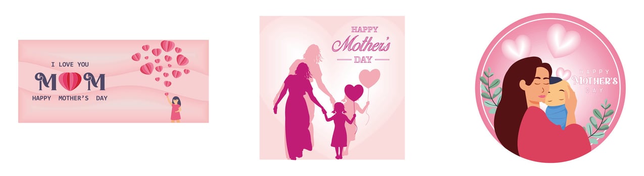 Love symbol on pink background. Silhouette of a mother holding her daughter's hand. Happy mother's day. Set flat modern illustration vector