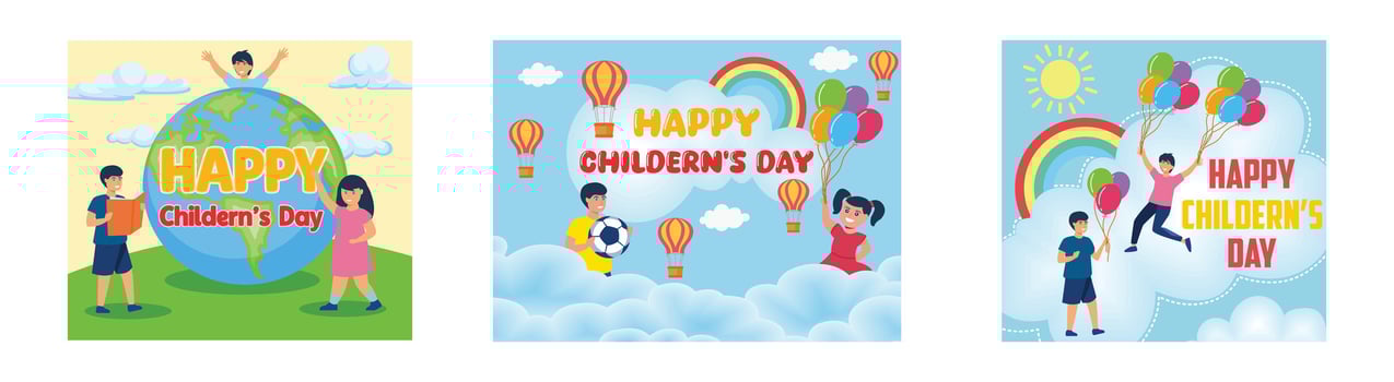 Happy Children's Day poster around the world. Children's Day with happy children on clouds. Laughing children fly while holding a bunch of balloons in their hands. Set flat modern illustration vector