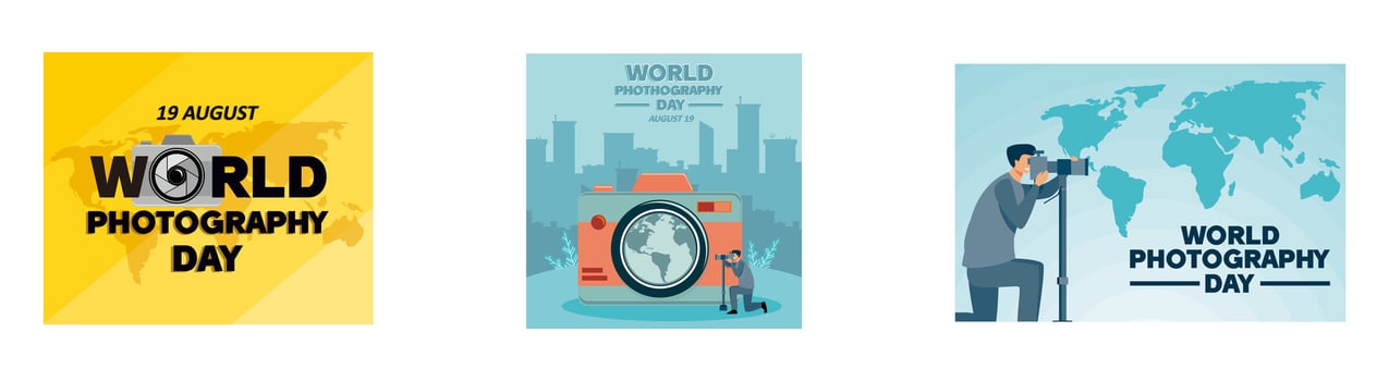 World Photography Day 19 August. Happy world photography day 2024. World photography day. Set flat modern illustration vector