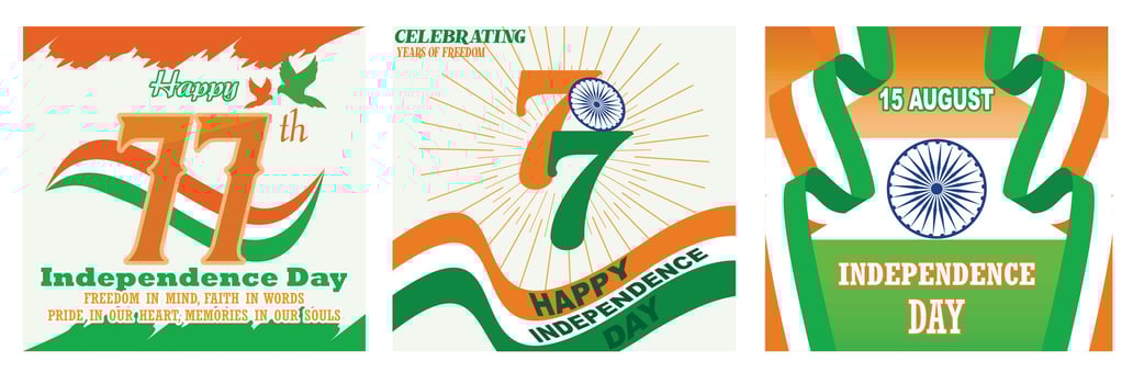 77th Anniversary, Independence Day India 2024. Happy Independence Day on 15th August. Indian independence day. Set flat modern illustration vector