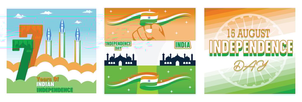 Tricolor banner with Indian flag for 77th Indian Independence Day. Happy Indian independence day. Creative for Indian independence day 15 August with Ashoka Wheel. Set flat modern illustration vector