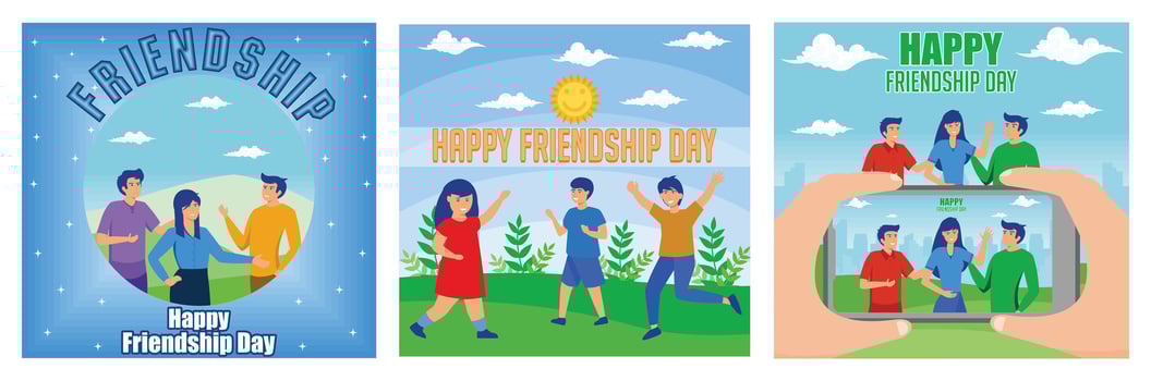 Happy friendship day greeting card with young people hugging each other. Boys and girls celebration. Friendship concept. Set flat modern illustration vector