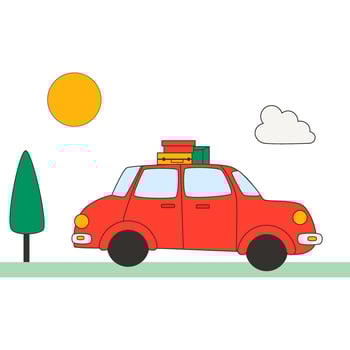 Illustration of travel by car. Road trip driving car on highway. Illustation of holiday and travel with hand drawn and cartoon style vector