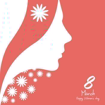 March 8, girl in flowers International Women's Day place for text. Feminism concept, gender equality women's rights vector