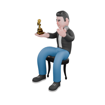 3D Cartoon Music Performer. A male musician looks at the trophy he won. Music Talent png