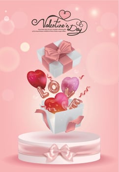 Happy Valentine's Day with red and pink heart shaped balloons and word LOVE flying out of opened gifts on display stand vector