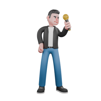 3D Cartoon Music Character. A male musician is standing holding a microphone, and his right hand is on his waist, as if he is singing. Vocal Talent png