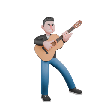 Animated 3D Music Performer. A male musician is standing holding a guitar, with an expression of playing the guitar. Cartoon Singer png