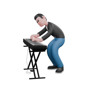Illustrated 3D Musician Character. A man with a slightly bent body playing the piano. Music Star png