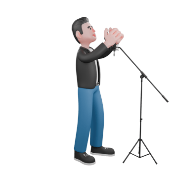 Cartoon Music Artist in 3D. A male musician is standing with both hands holding a microphone stand. Vocal Performer Model png