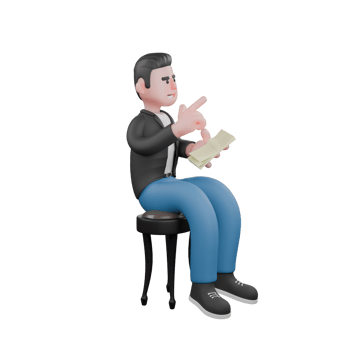 Cartoon Character of Vocal Musician. A male musician sits on a chair holding a notepad in his left hand and pointing his right hand up. Singing Star png