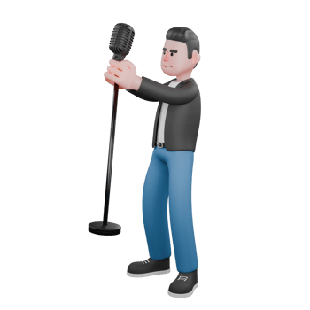 3D Animated Music Star. A male musician stands holding a microphone in his hand. Vocal Artist png