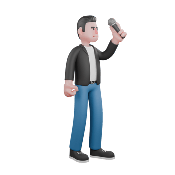 Cartoon Musician in 3D Design. A male musician stands holding a microphone in his left hand with a serious expression. Singing Performer png