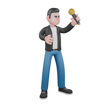 3D Model of Music Star. A male musician stands holding a microphone and a pen in his hand. Cartoon Character png