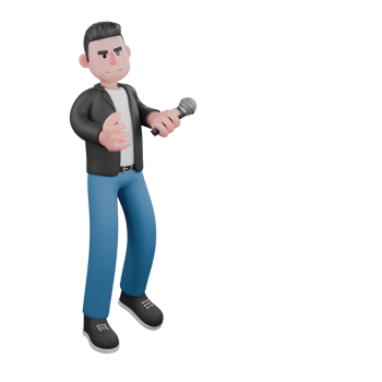 3D Musician Character Design. a male musician stands holding a microphone in his left hand. Animated Performer png