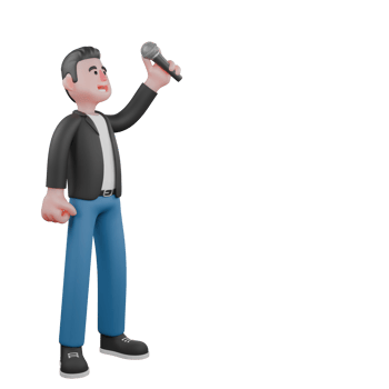 3D Cartoon Performer Design. A male musician stands holding a microphone in his left hand with an excited expression. Musician png