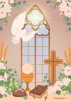 Elements for the first communion - bread, holy cup, wine. The presence of the Holy Spirit in the temple in the form of a white dove. Decorated altar in the church. Design of a greeting card or poster. vector