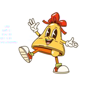 Cartoon groovy Christmas jingle bell character vector