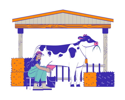 Farmer woman milking cow doodle cartoon illustration. Cattle cowshed. Dairy farm milkmaid latin american countrywoman 2D flat character isolated on white. Doodleart hand-drawn drawing colorful vector