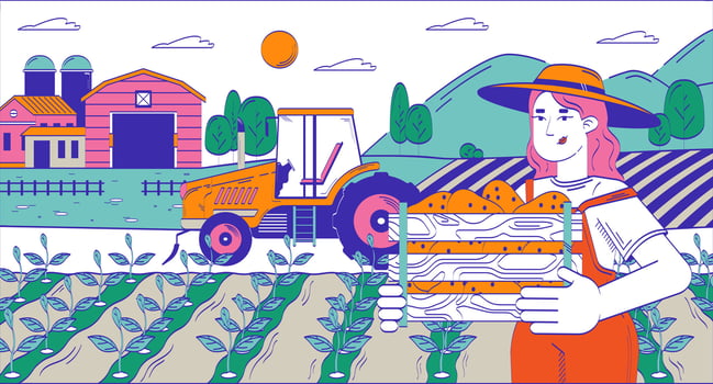 Farmer woman collecting harvest on field doodle cartoon illustration. Agriculture. Caucasian countrywoman holding potato crate 2D flat character isolated on white. Doodleart hand-drawn drawing color vector