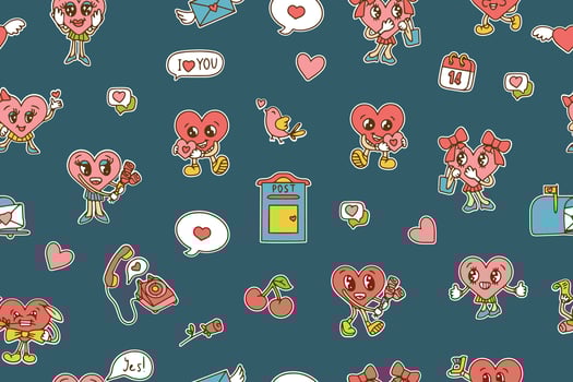 Groovy lovely background. Love concept. Happy Valentines day greeting card. Funky pattern and texture in trendy retro 60s 70s cartoon style. seamless pattern in pink red colors. illustration vector