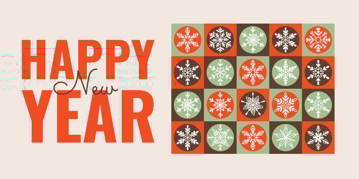 Happy New Year poster. Horizontal illustration, minimalist geometric modern style. Trendy background with snowflakes. Christmas geometrical winter ornament. For invitation, greeting card, cover vector