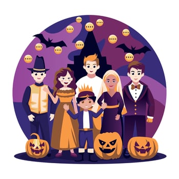 A flat illustration of people wearing scary costumes depicting happy halloween festival vector