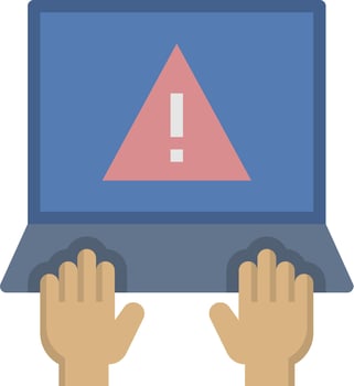 Hands holding a laptop with a warning triangle on it vector