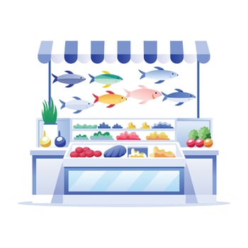 A flat illustration of a fish market stall with various types of fresh seafood on display vector