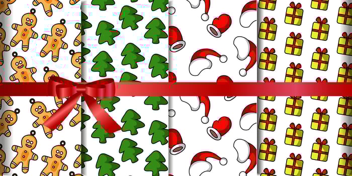 Christmas pattern set with cute Santa hat, present box, Christmas tree and ginger man cookie vector