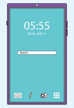 Simple tablet or smartphone interface with a purple frame, clock, date display, search bar, and icons for email, camera. Useful for UI UX mockups, app concept design, or tech-focused graphics vector