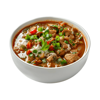 A bowl of chicken and rice soup with a spoon png