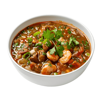 A bowl of soup with meat and vegetables png
