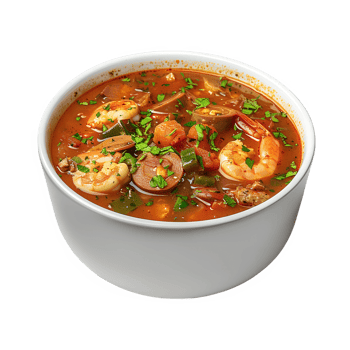 A bowl of soup with shrimp and sausage png