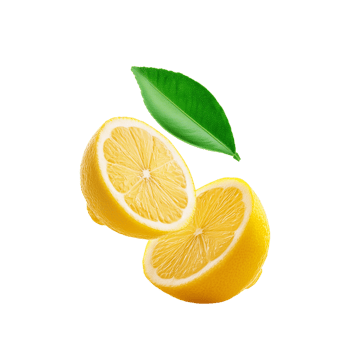 Half sliced yellow lemon fruit with green leaf on transparent background png