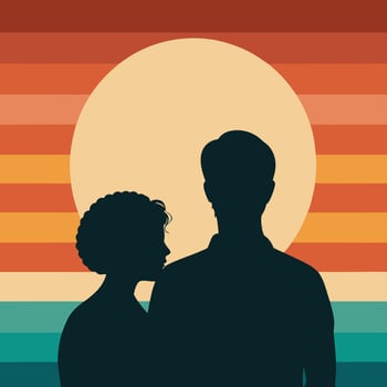 Silhouettes of Couple Under Sunset with Full Moon vector