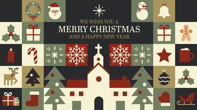 Merry Christmas background banner illustration with festive icons. Greeting seasonal holiday card design. Poster with happy wishes vector