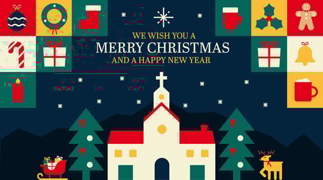 Christmas Background banner illustration with festive icons. Greeting seasonal holiday card design. Poster with happy wishes vector