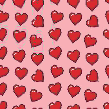 Seamless pattern with red pixel hearts on a pink background. Pattern for Valentine's Day. Symbol of love. vector