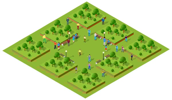 Isometric illustration of people in a square garden vector