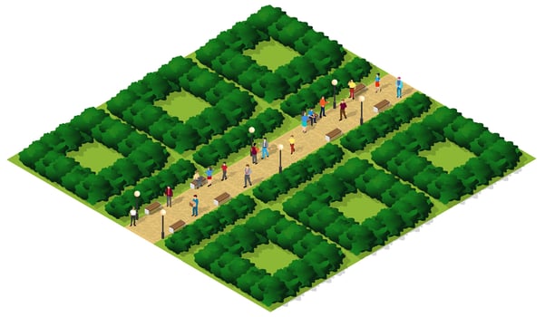 Isometric view of a park with people walking through it vector