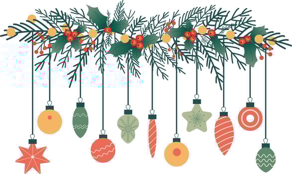 Christmas hand drawn horizontal garland with branches and christmas decoration with lights for holiday greetings, Christmas cards, festive wallpaper, and seasonal designs. illustration vector