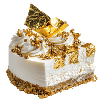 A luxurious dessert slice featuring creamy layers, golden accents, and a rich crumb crust, set against a sleek. png