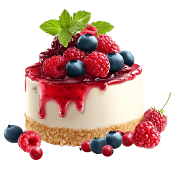 A creamy cheesecake topped with fresh raspberries and blueberries, drizzled with berry sauce and garnished with mint leaves. png
