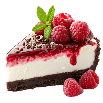 A delicious slice of cheesecake topped with fresh raspberries, chocolate shavings, and a glossy raspberry sauce. png